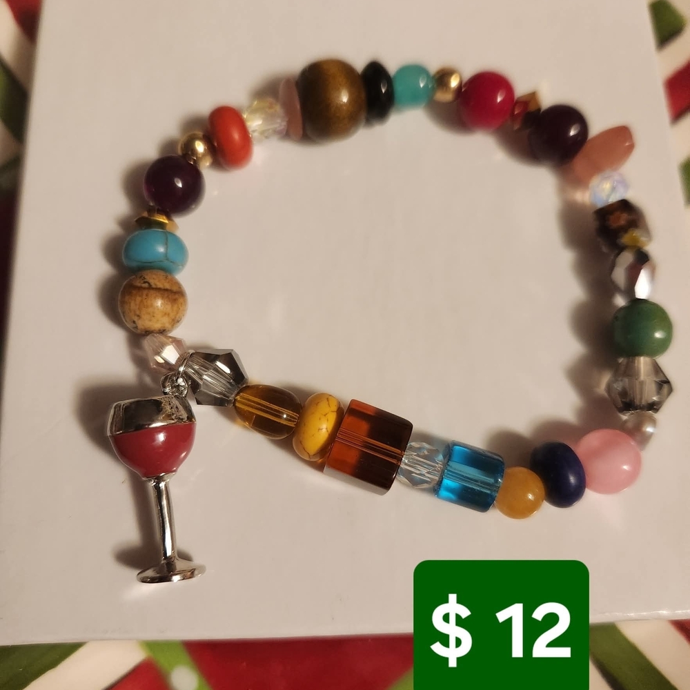 Colorful Beaded Bracelet with Wine Glass Charm